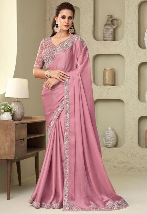 Embroidered Border Satin Georgette Saree in Pink