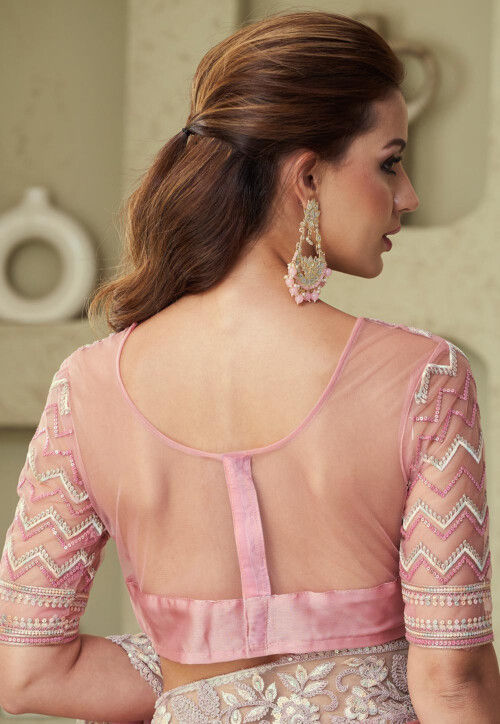 Embroidered Border Satin Georgette Saree in Pink