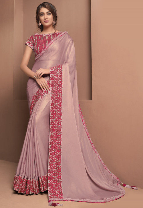 Embroidered Border Satin Georgette Saree in Pink