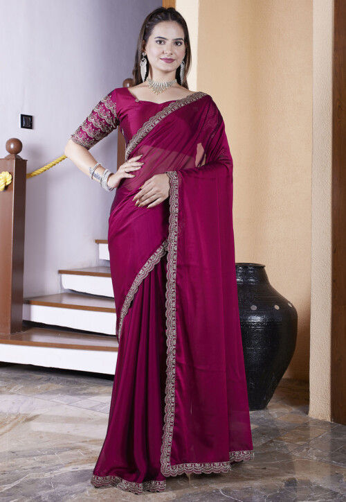 Satin georgette fabric magenta saree Magenta Plain Satin Silk Handloom Banarasi Saree - Sacred Weaves main image 4