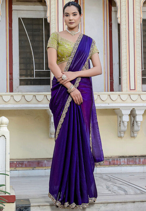 Embroidered Border Satin Georgette Scalloped Saree in Purple