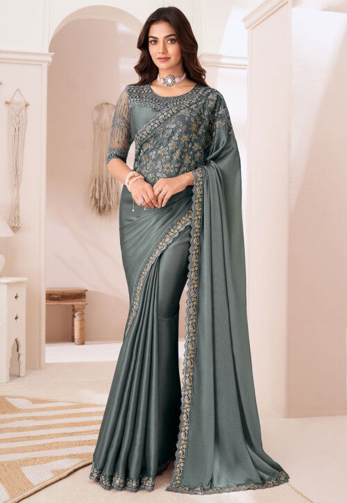 Embroidered Border Satin Saree in Grey