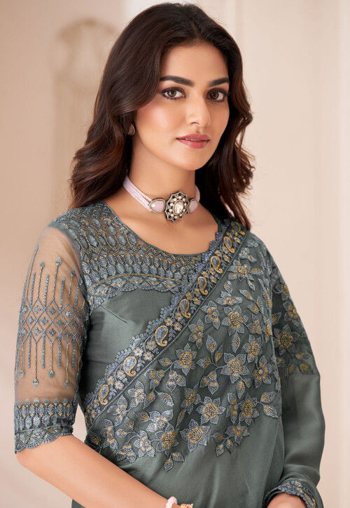Embroidered Border Satin Saree in Grey