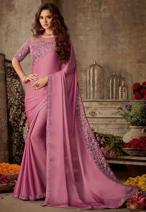 Embroidered Border Satin Georgette Saree in Pink