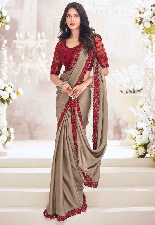 Embroidered Border Satin Scalloped Saree in Beige