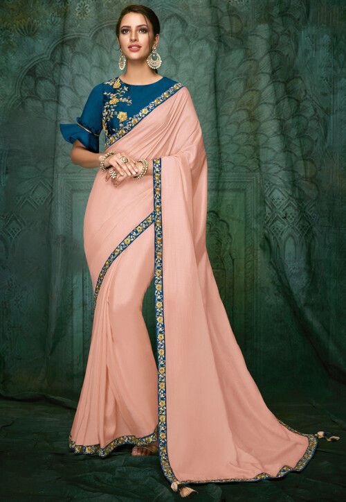 Embroidered Border Satin Silk Saree in Peach