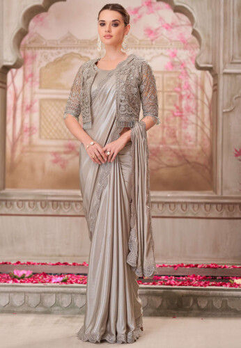 Embroidered Border Satin Silk Scalloped Saree in Fawn