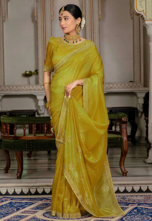 Embroidered Border Tissue Crushed Saree in Olive Green