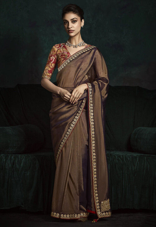 Embroidered Border Tissue Saree in Brown