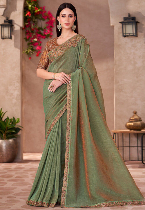 Embroidered Border Tissue Saree in Dusty Green