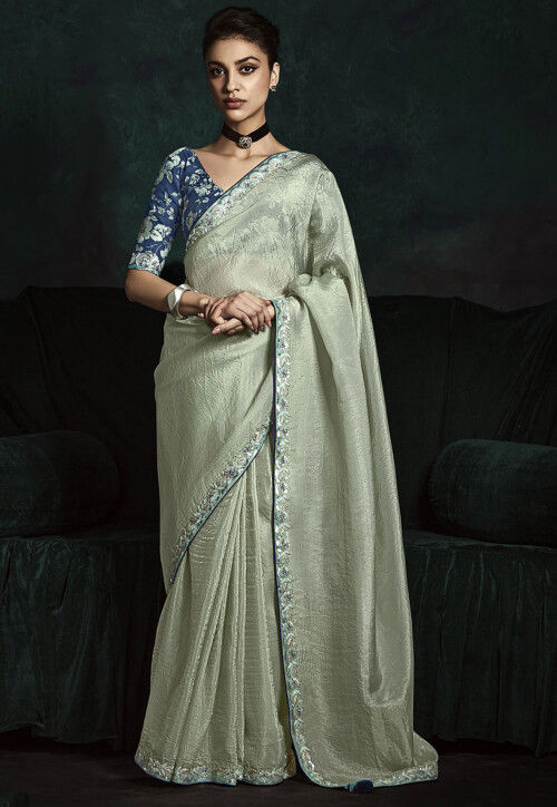 Embroidered Border Tissue Saree in Light Green