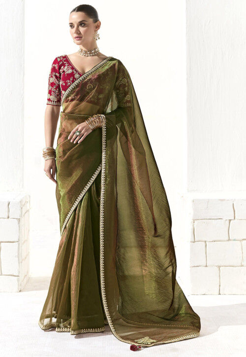Embroidered Border Tissue Saree in Olive Green