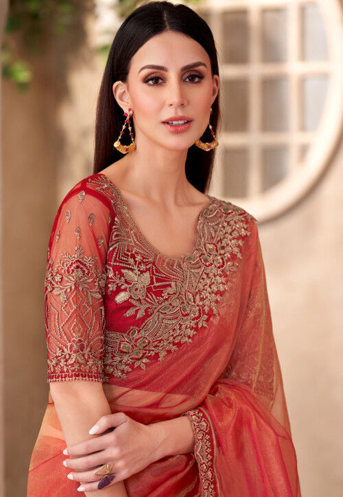 Rust Brown Crushed Tissue Saree With Scallop Border And Stone Embroidery
