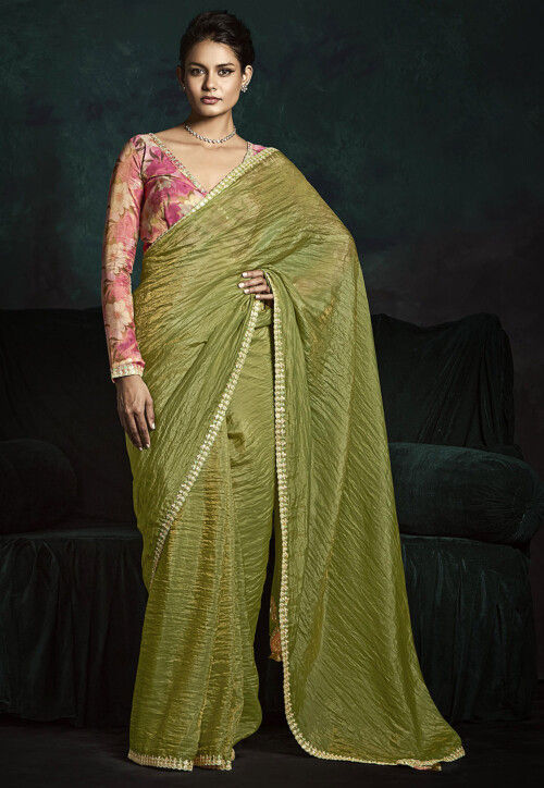 Embroidered Border Tissue Scalloped Saree in Light Green