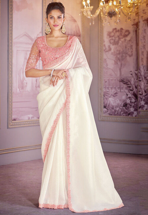 Embroidered Border Tissue Scalloped Saree in Off White