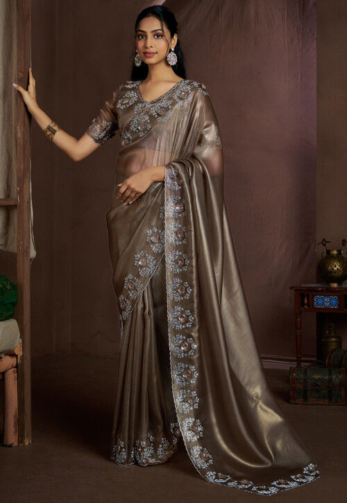 Embroidered Border Tissue Shimmer Saree in Antique