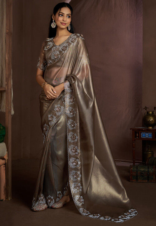 Embroidered Border Tissue Shimmer Saree in Antique