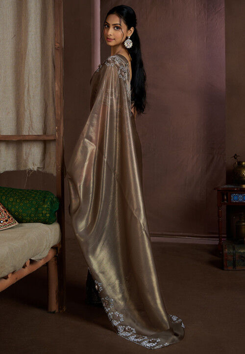 Embroidered Border Tissue Shimmer Saree in Antique