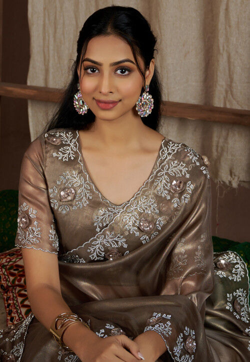 Embroidered Border Tissue Shimmer Saree in Antique