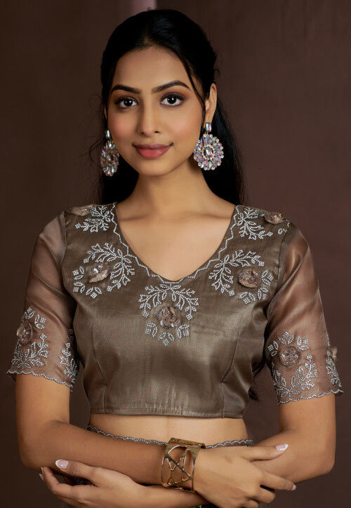 Embroidered Border Tissue Shimmer Saree in Antique