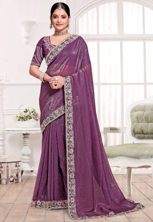 Embroidered Border Tissue Silk Saree in Purple
