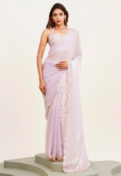 Embroidered Border Tissue Silk Saree in Purple
