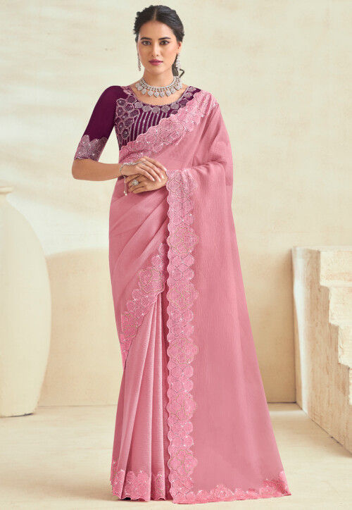 Embroidered Border Chiffon Scalloped Saree in Peach