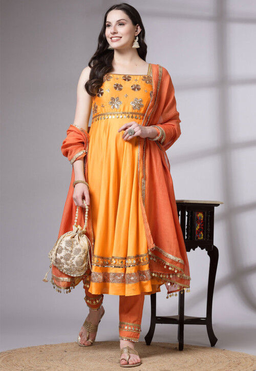 Embroidered Chanderi Cotton Anarkali Suit in Mustard