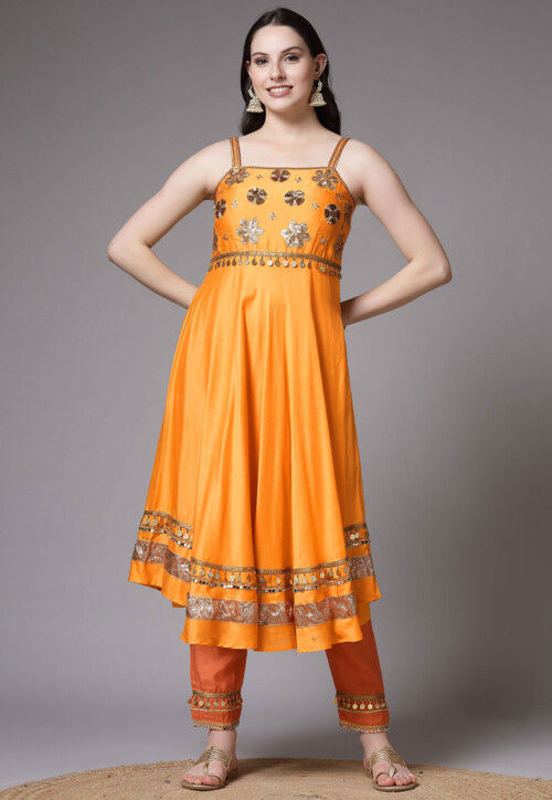 Embroidered Chanderi Cotton Anarkali Suit in Mustard