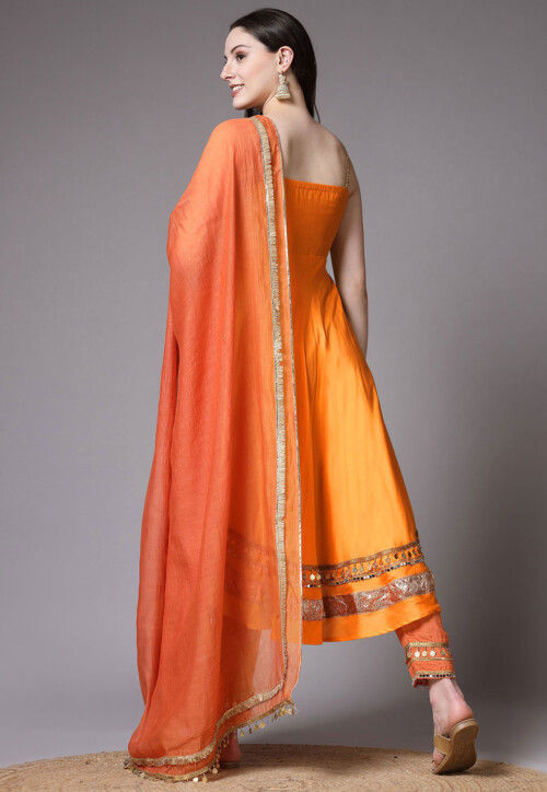 Embroidered Chanderi Cotton Anarkali Suit in Mustard