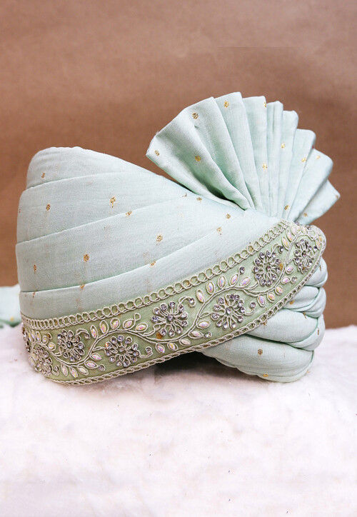 Embroidered Chanderi Cotton Jacquard Turban in Sea Green