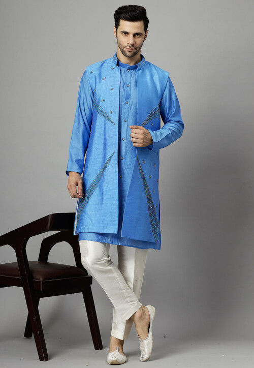 Embroidered Chanderi Cotton Kurta Set in Blue