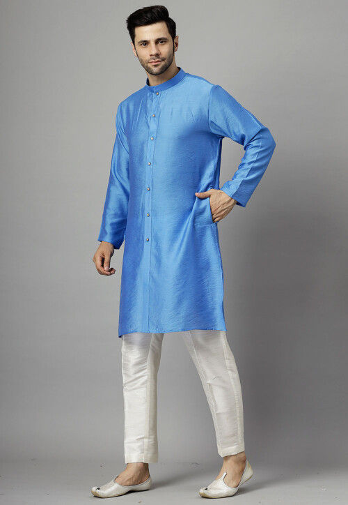 Embroidered Chanderi Cotton Kurta Set in Blue