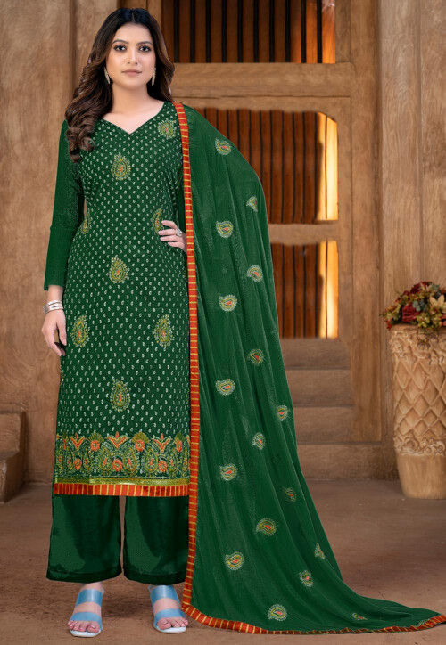 Embroidered Chanderi Cotton Pakistani Suit in Dark Green