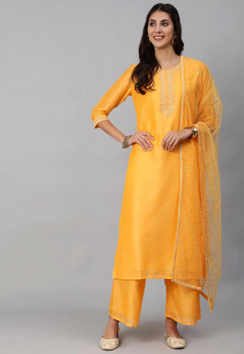 Embroidered Chanderi Cotton Pakistani Suit in Mustard