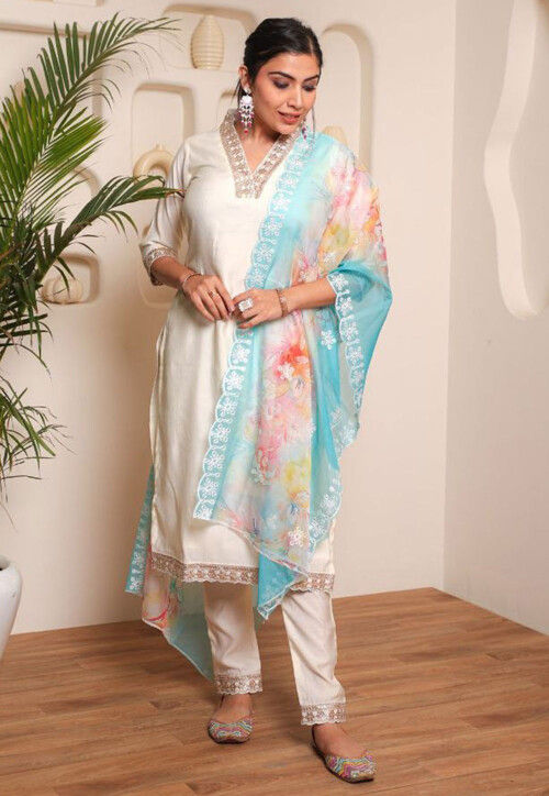 Embroidered Chanderi Cotton Pakistani suit in Off White