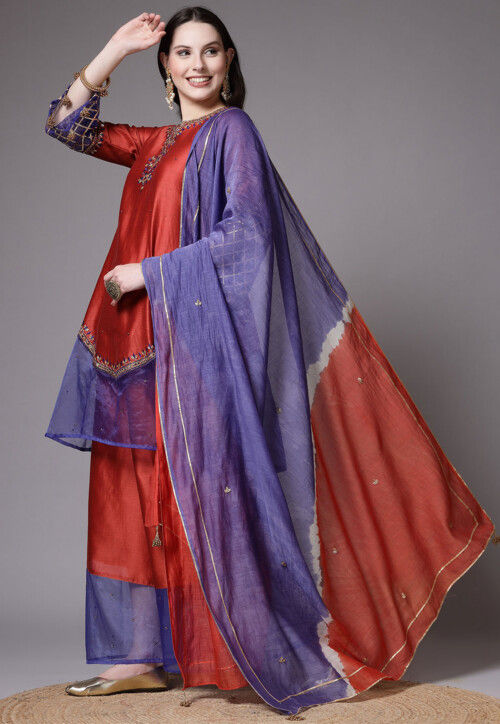 Embroidered Chanderi Cotton Pakistani Suit in Red