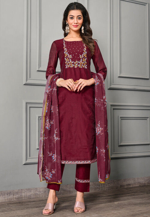 Embroidered Chanderi Cotton Pakistani Suit in Wine