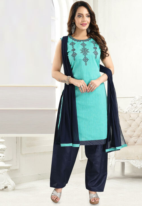 Embroidered Chanderi Cotton Punjabi Suit in Turquoise
