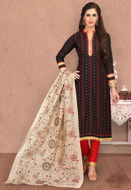 Embroidered Chanderi Cotton Straight Suit in Black