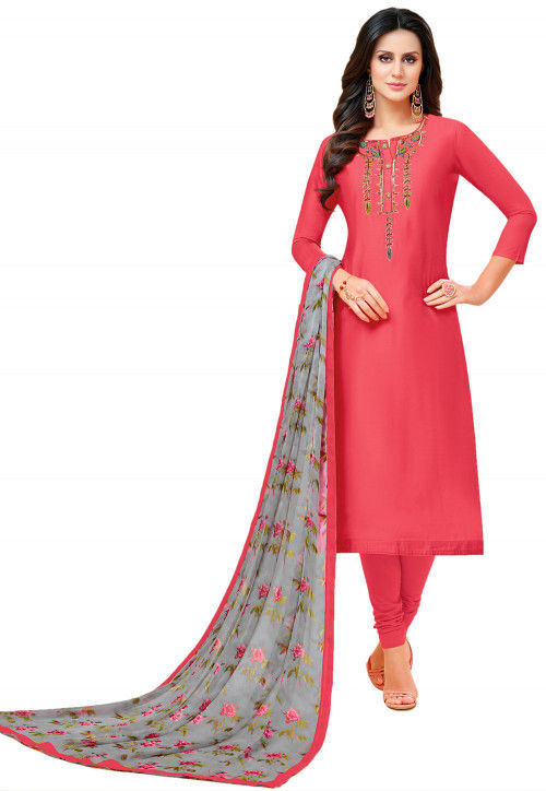 Buy Casual Wear Peach Embroidery Work Chanderi Cotton Salwar Suit Online  From Surat Wholesale Shop.