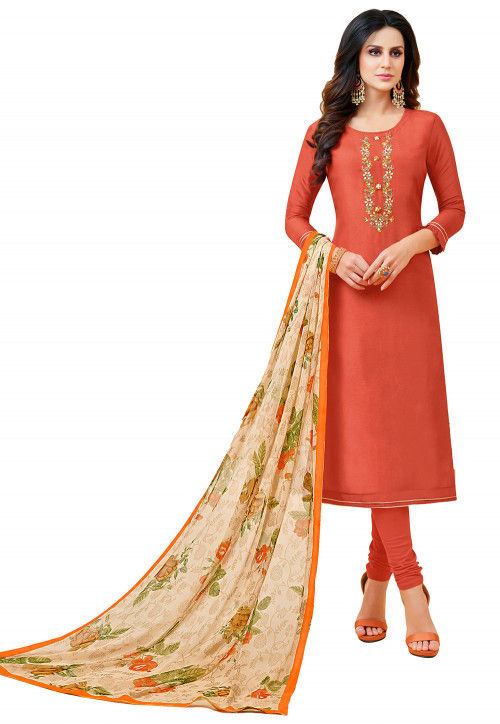 Embroidered Chanderi Cotton Straight Suit in Rust