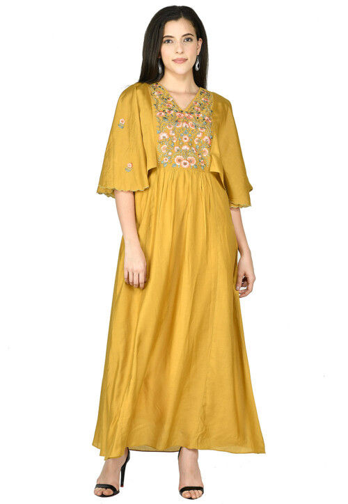 Embroidered Chanderi Silk A Line Kurta in Mustard