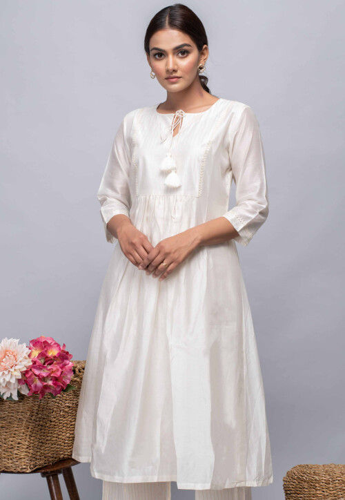 Plain Long Kurti from Kashmir with Aari Hand-Embroidery on Neck | Exotic  India Art