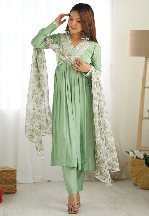 Embroidered Chanderi Silk A Line Suit in Light Green