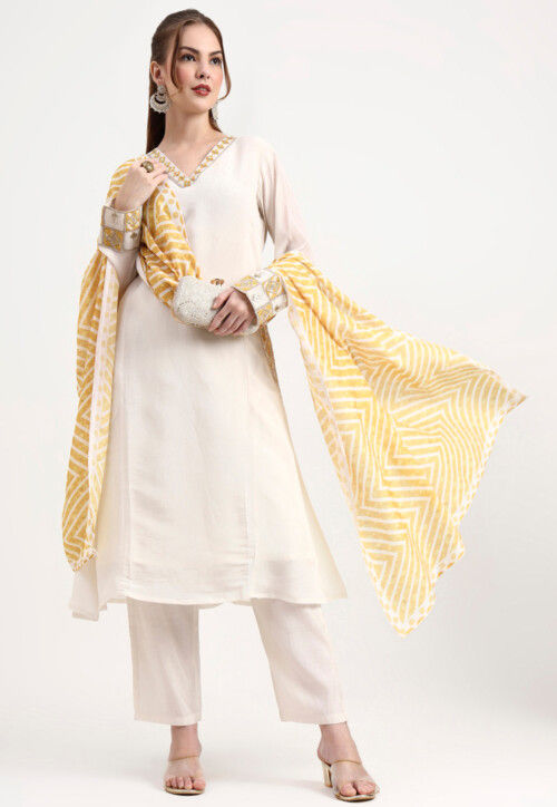 Embroidered Chanderi Silk A Line Suit in Off White