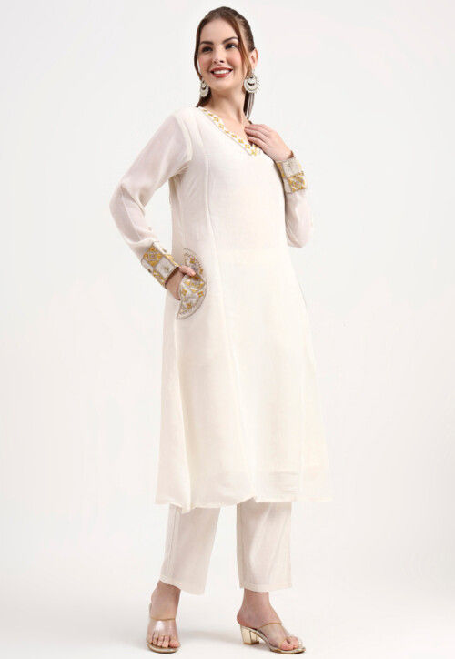 Embroidered Chanderi Silk A Line Suit in Off White