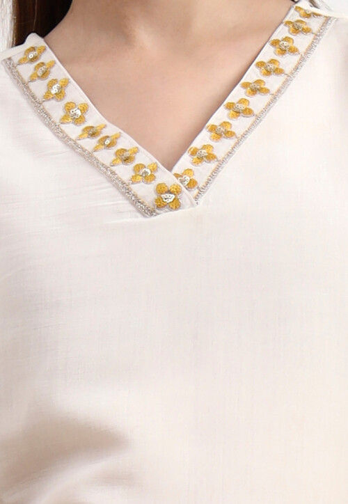 Embroidered Chanderi Silk A Line Suit in Off White