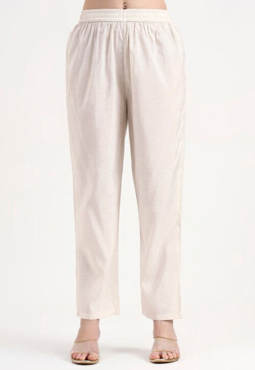 Embroidered Chanderi Silk A Line Suit in Off White