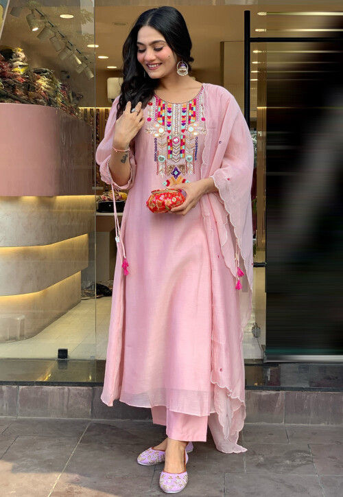 Embroidered Chanderi Silk A Line Suit in Pink